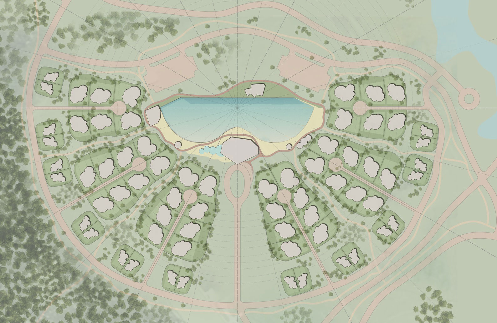 Masterplan of The Desperado: eighty-eight home plots fan out in curved rows around a central surf lagoon, linked by looping paths and golf cart lanes through native planting, with the clubhouse at the lagoon's head